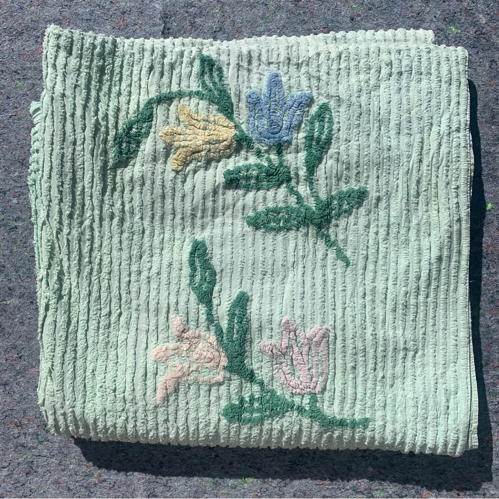 Vintage mid century green & pastel floral cotton chenille rectangular bedspread
